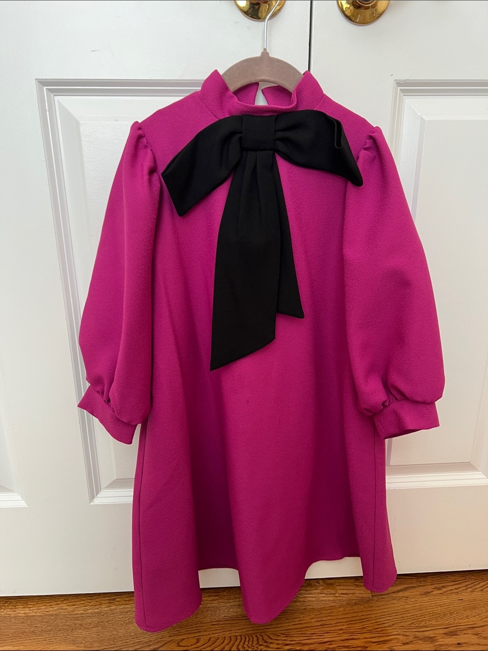 Girls' Magenta Puff-Sleeve Dress with Black Bow